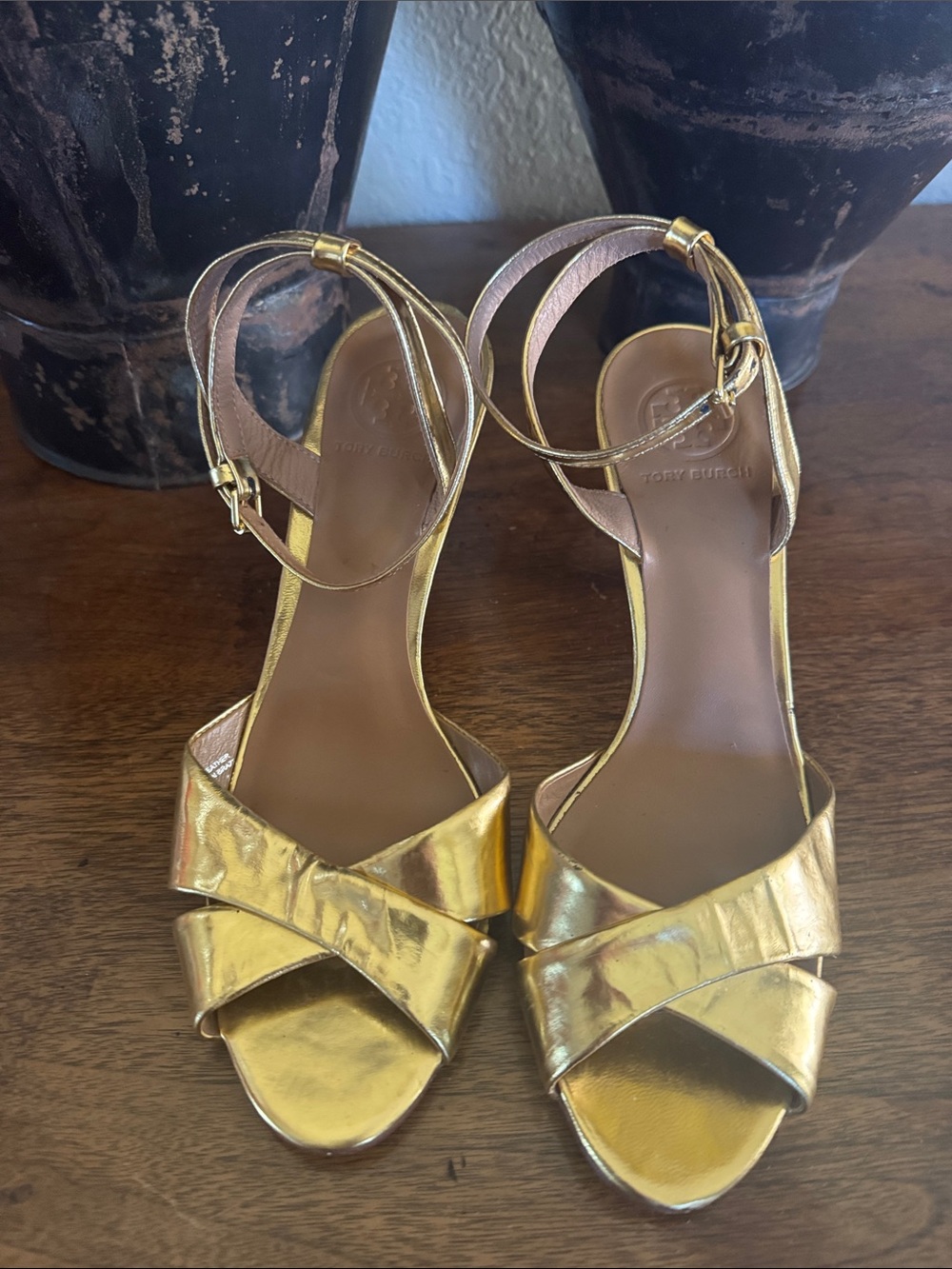 Tory Burch Metallic Gold Crisscross Ankle-Strap Heels